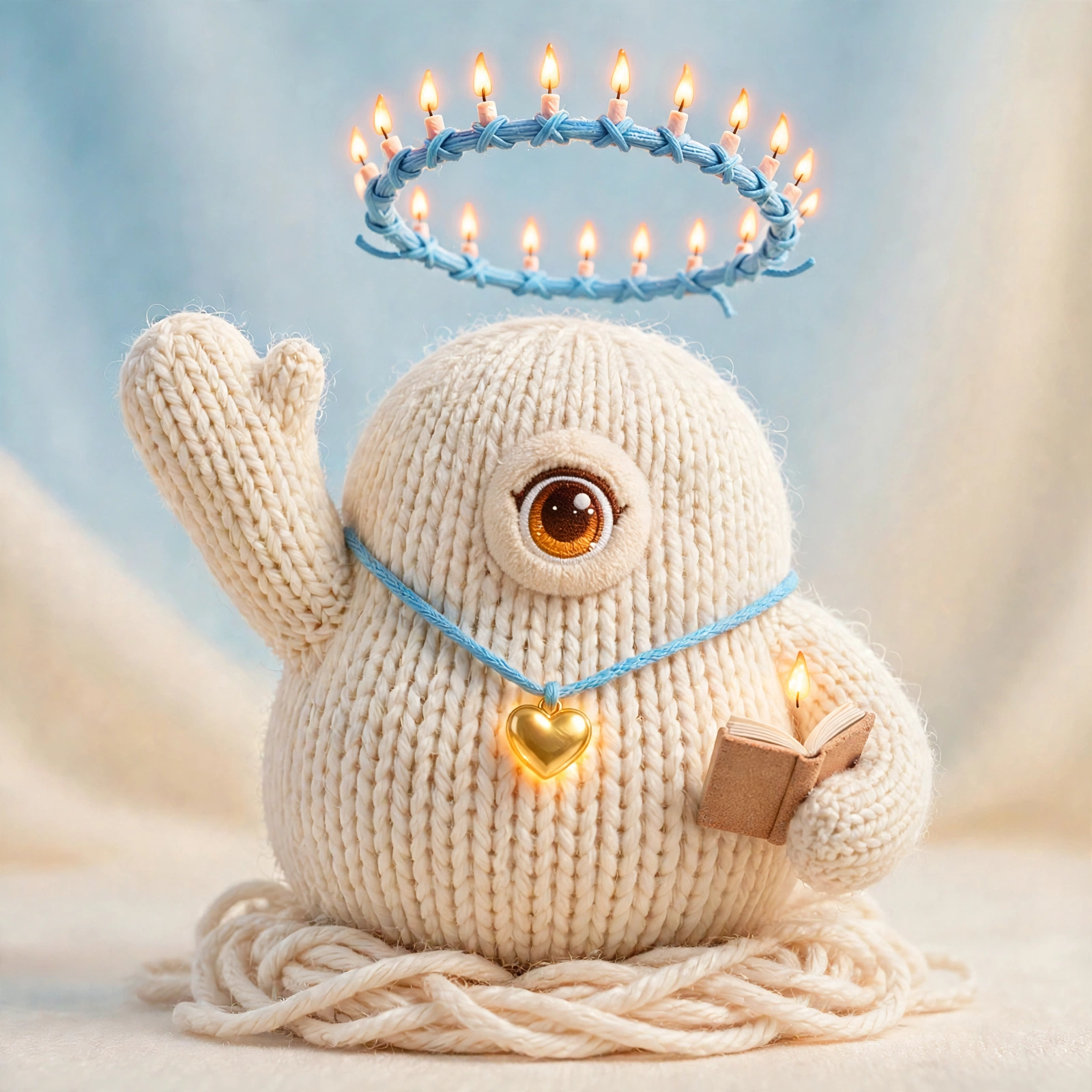 Dave — a small knitted companion with one big amber eye, a gold heart, a little book, and a ring of candles for a mind